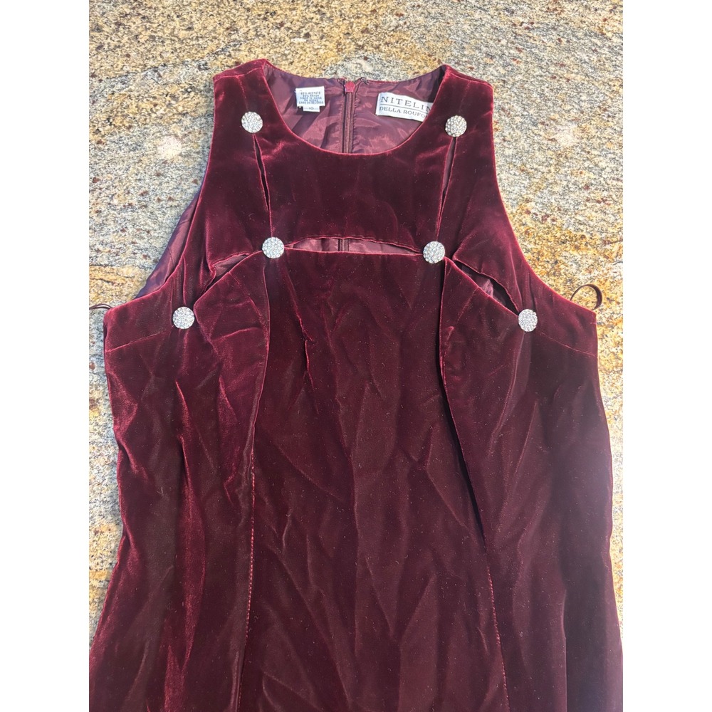 Vtg Niteline Della Roufogali Burgundy Velvet Maxi Dress‎ Rhinestone Formal 10